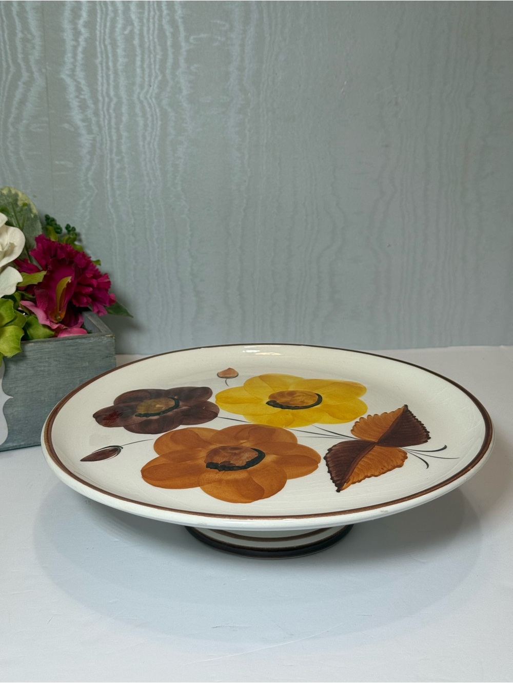 Vtg Olaria de Alcobaça Portugal Hand Painted Floral Ceramic Pedestal Cake Stand
